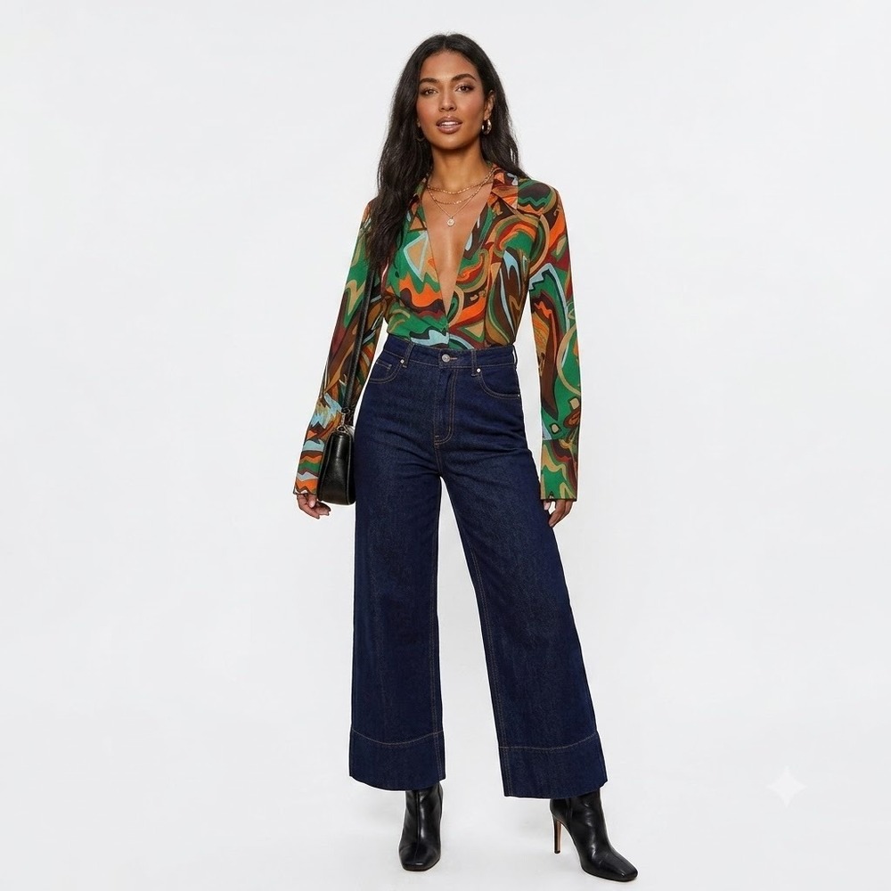 PrettyLittleThing Fitted Shirt Womens 4 Multi Abstract Retro Disco 70s NWT